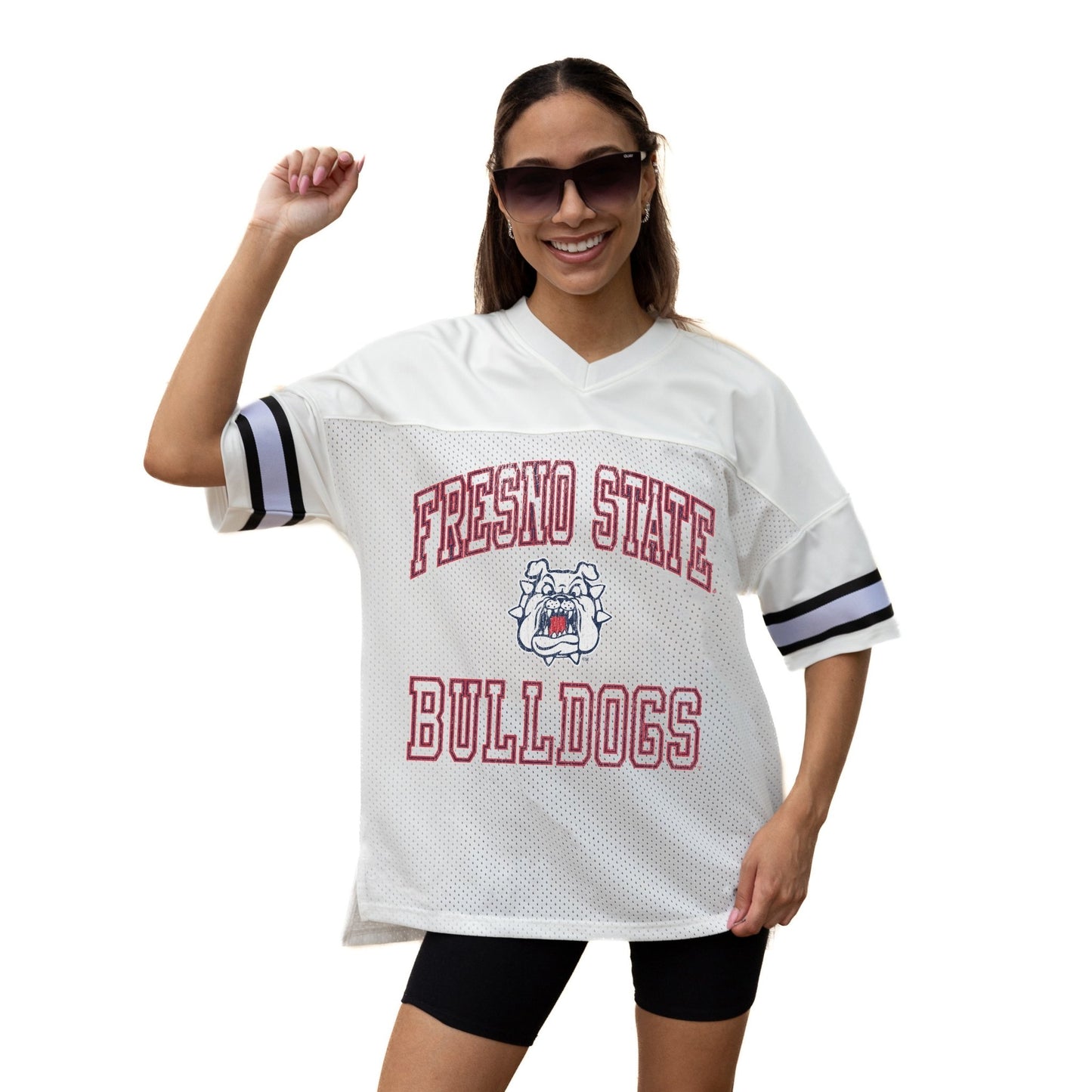 FRESNO STATE BULLDOGS A STEP AHEAD ICONIC OVERSIZED MESH SHORT SLEEVE V - NECK FASHION JERSEY TOP WITH SIDE SLITS - The Club