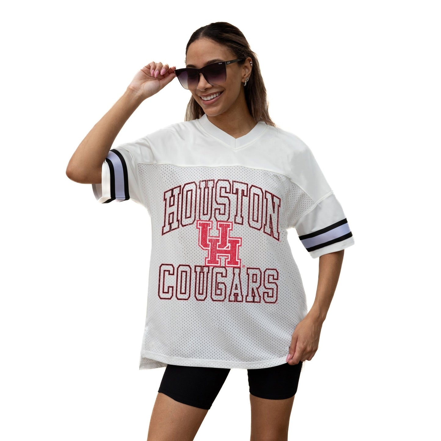 HOUSTON COUGARS A STEP AHEAD ICONIC OVERSIZED MESH SHORT SLEEVE V - NECK FASHION JERSEY TOP WITH SIDE SLITS - The Club