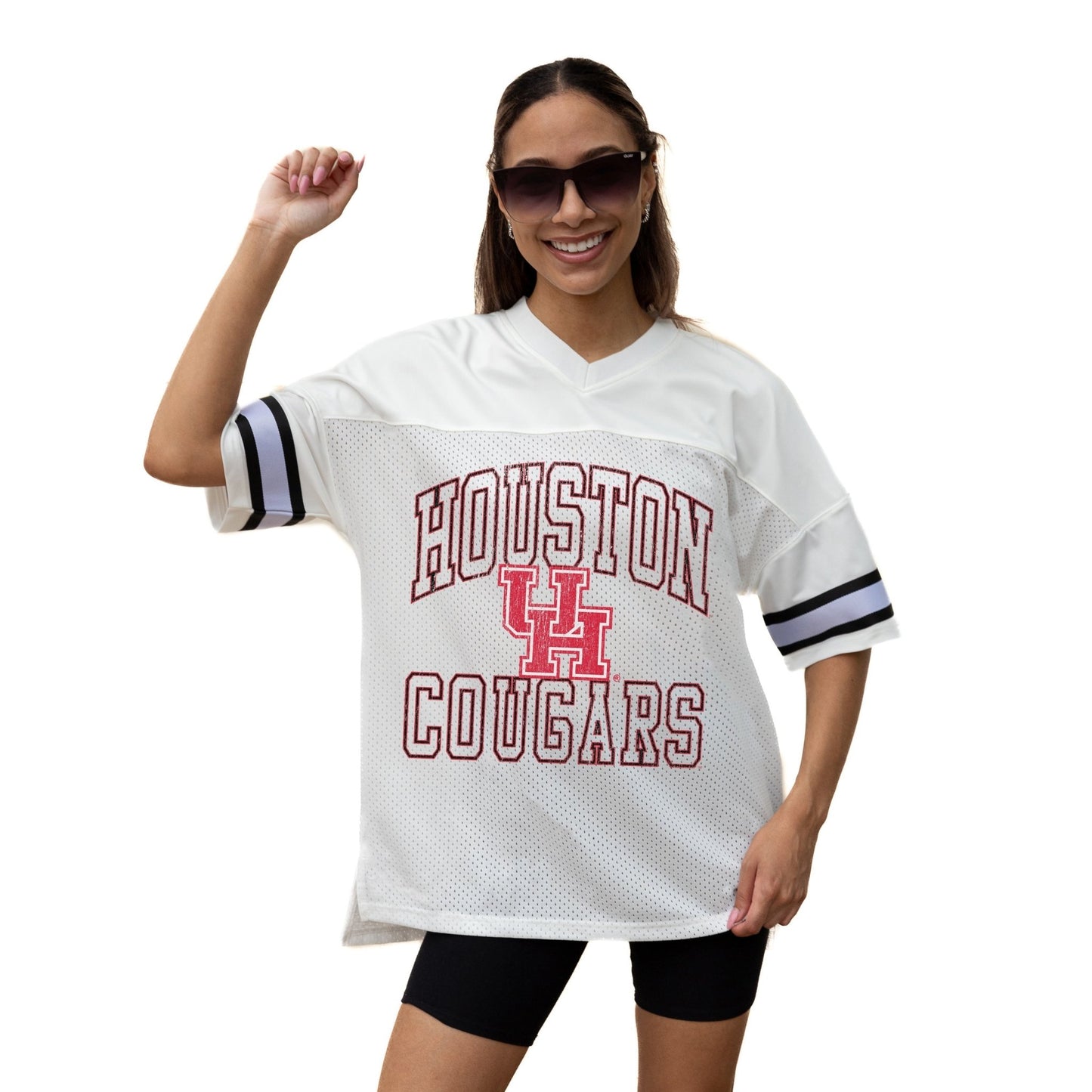 HOUSTON COUGARS A STEP AHEAD ICONIC OVERSIZED MESH SHORT SLEEVE V - NECK FASHION JERSEY TOP WITH SIDE SLITS - The Club