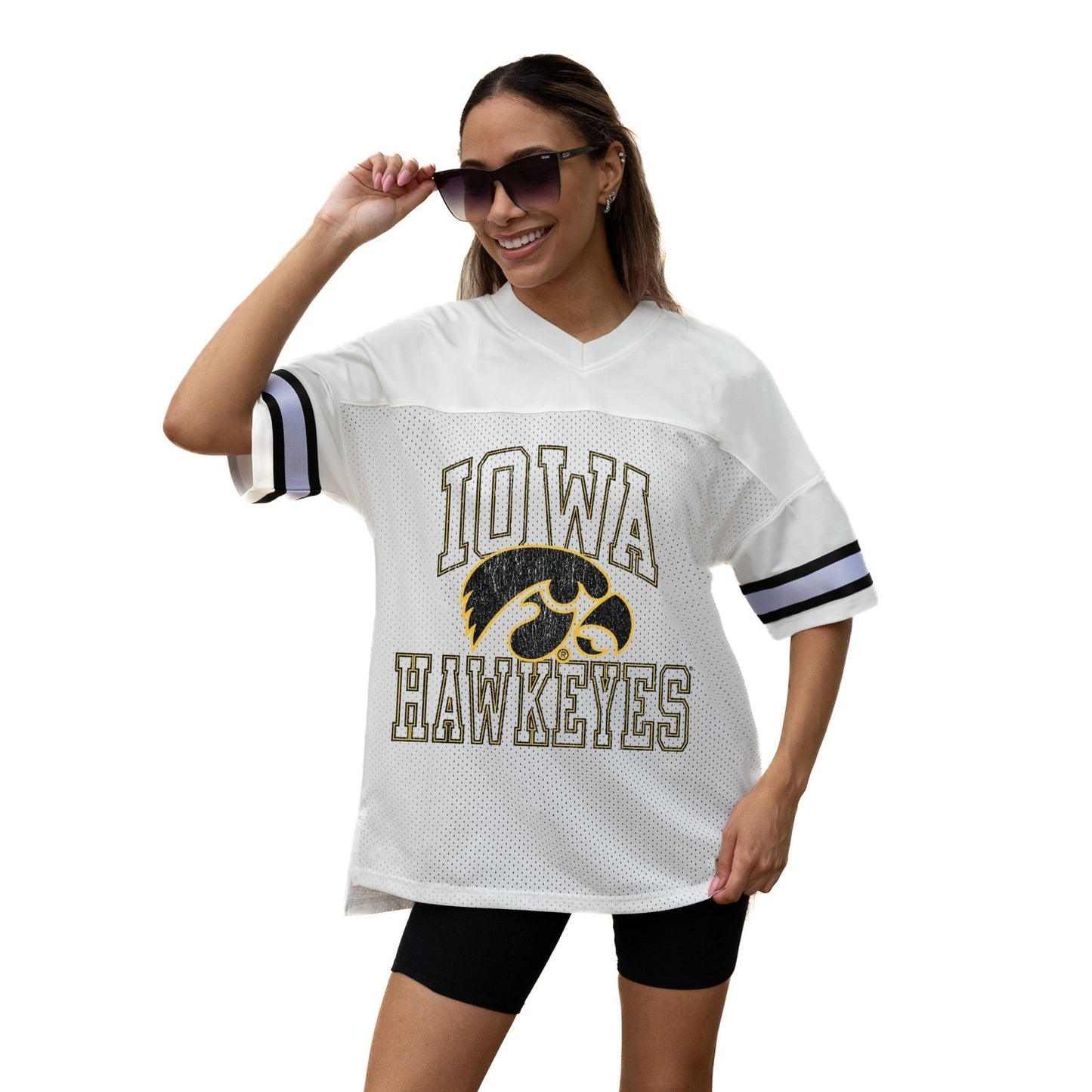 IOWA HAWKEYES A STEP AHEAD ICONIC OVERSIZED MESH SHORT SLEEVE V - NECK FASHION JERSEY TOP WITH SIDE SLITS - The Club