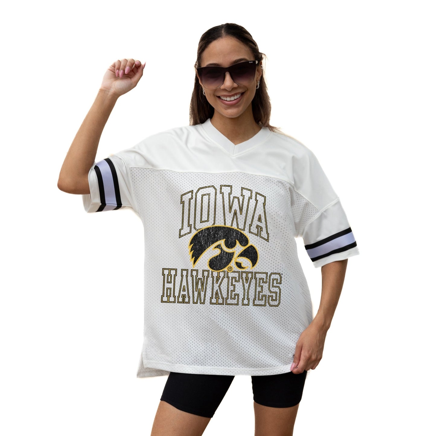 IOWA HAWKEYES A STEP AHEAD ICONIC OVERSIZED MESH SHORT SLEEVE V - NECK FASHION JERSEY TOP WITH SIDE SLITS - The Club