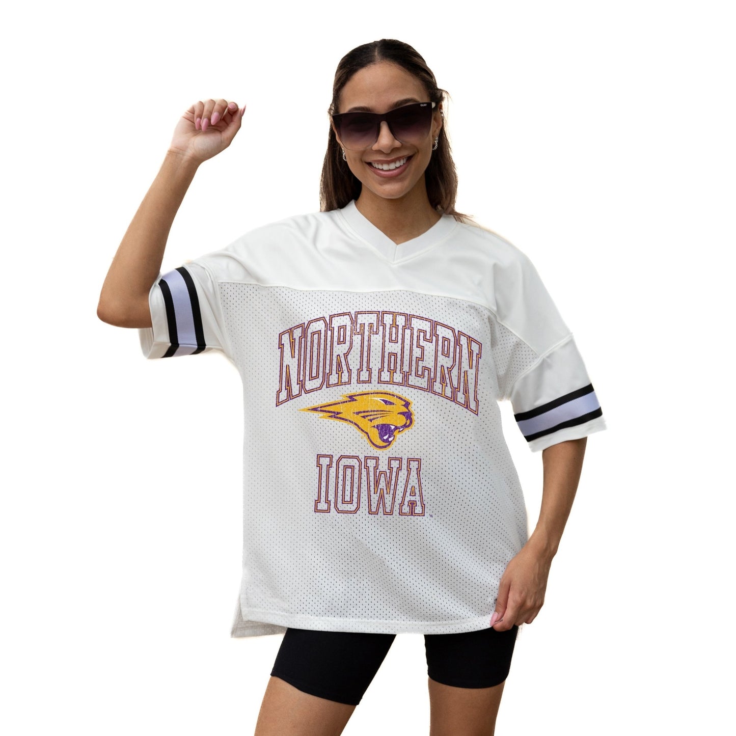 NORTHERN IOWA PANTHERS A STEP AHEAD ICONIC OVERSIZED MESH SHORT SLEEVE V - NECK FASHION JERSEY TOP WITH SIDE SLITS - The Club