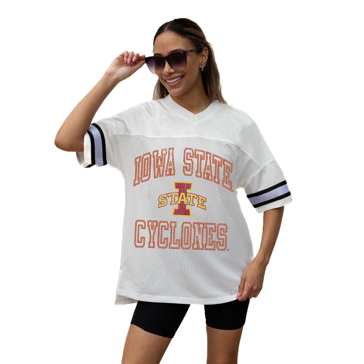 IOWA STATE CYCLONES A STEP AHEAD ICONIC OVERSIZED MESH SHORT SLEEVE V - NECK FASHION JERSEY TOP WITH SIDE SLITS - The Club