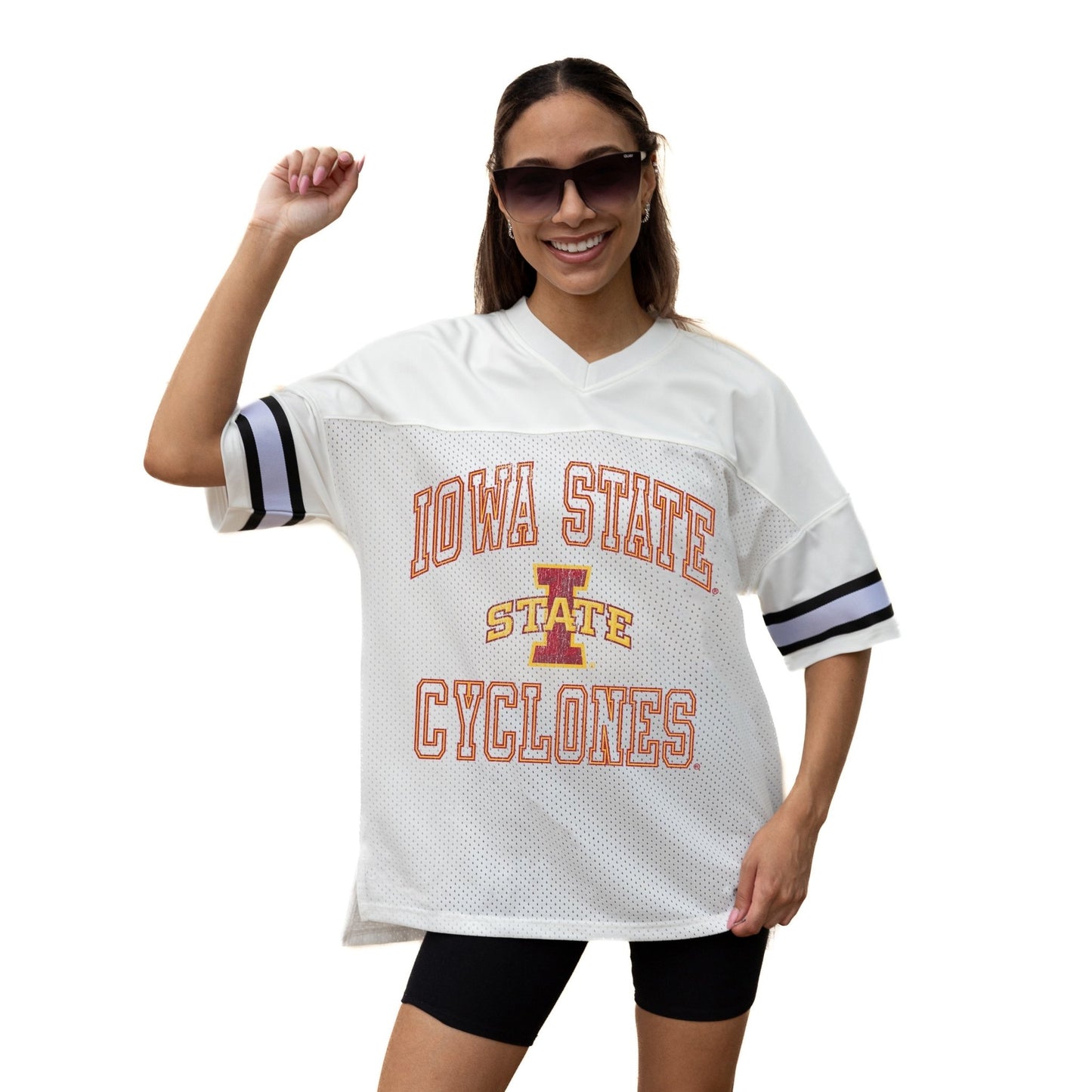 IOWA STATE CYCLONES A STEP AHEAD ICONIC OVERSIZED MESH SHORT SLEEVE V - NECK FASHION JERSEY TOP WITH SIDE SLITS - The Club