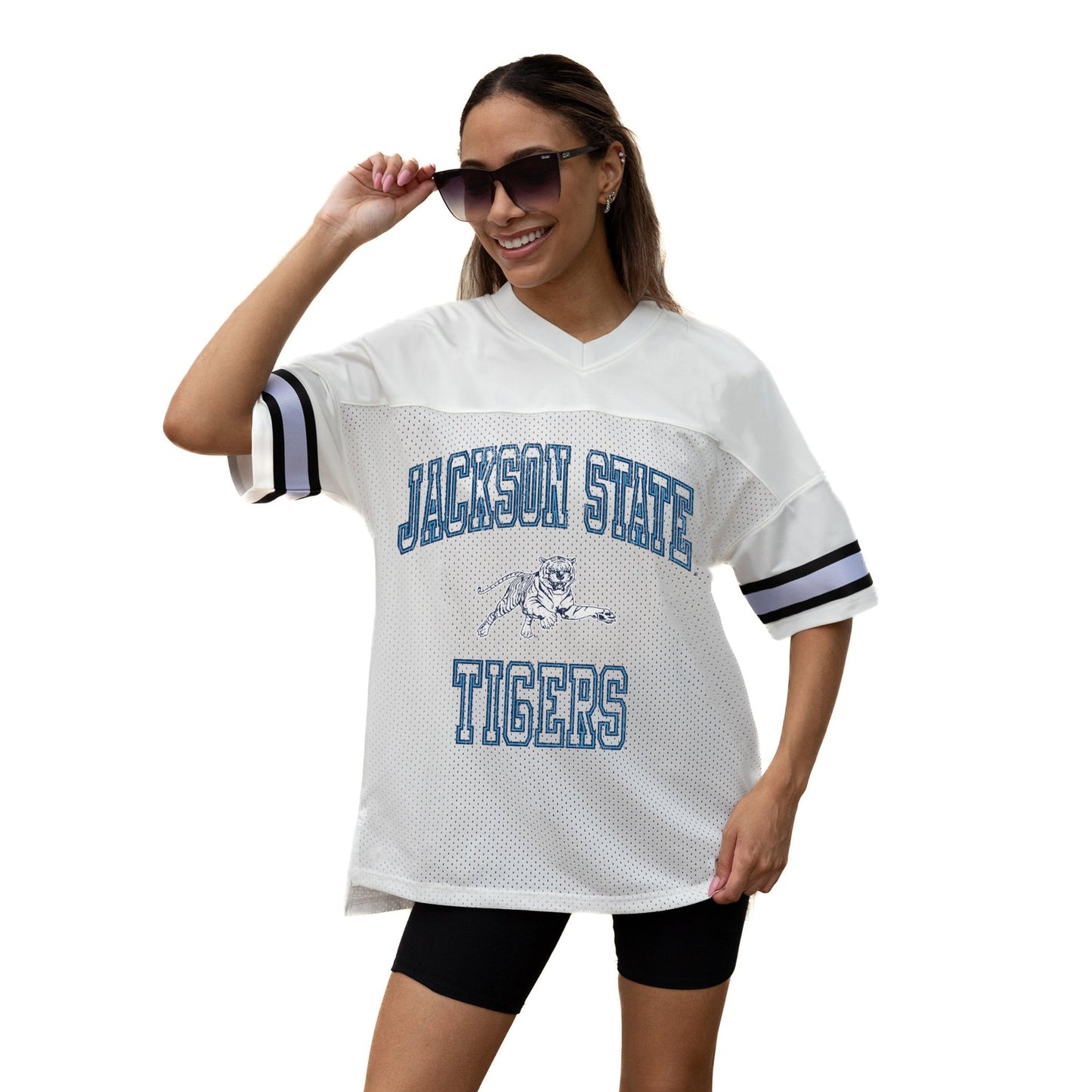 JACKSON STATE TIGERS A STEP AHEAD ICONIC OVERSIZED MESH SHORT SLEEVE V - NECK FASHION JERSEY TOP WITH SIDE SLITS - The Club