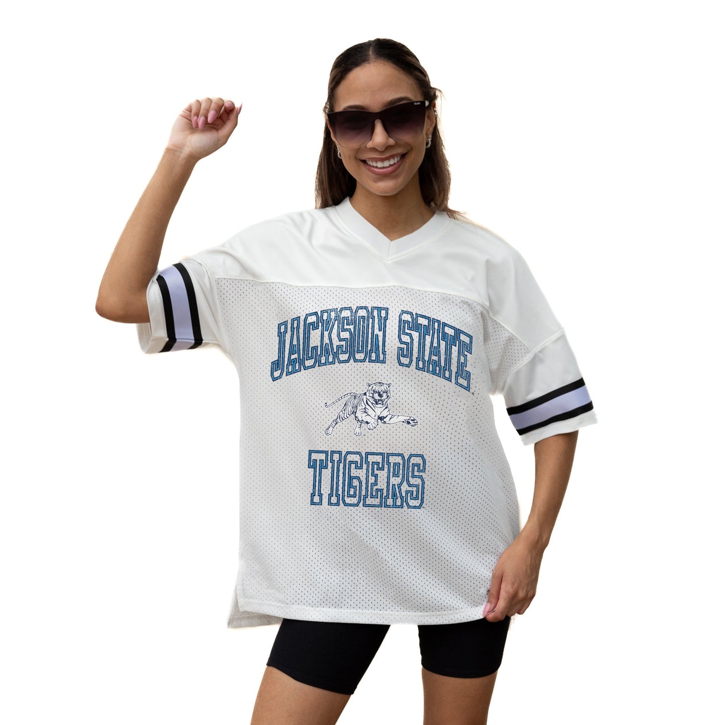 JACKSON STATE TIGERS A STEP AHEAD ICONIC OVERSIZED MESH SHORT SLEEVE V - NECK FASHION JERSEY TOP WITH SIDE SLITS - The Club