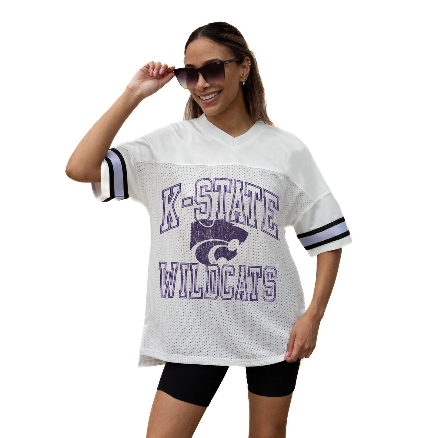 KANSAS STATE WILDCATS A STEP AHEAD ICONIC OVERSIZED MESH SHORT SLEEVE V - NECK FASHION JERSEY TOP WITH SIDE SLITS - The Club