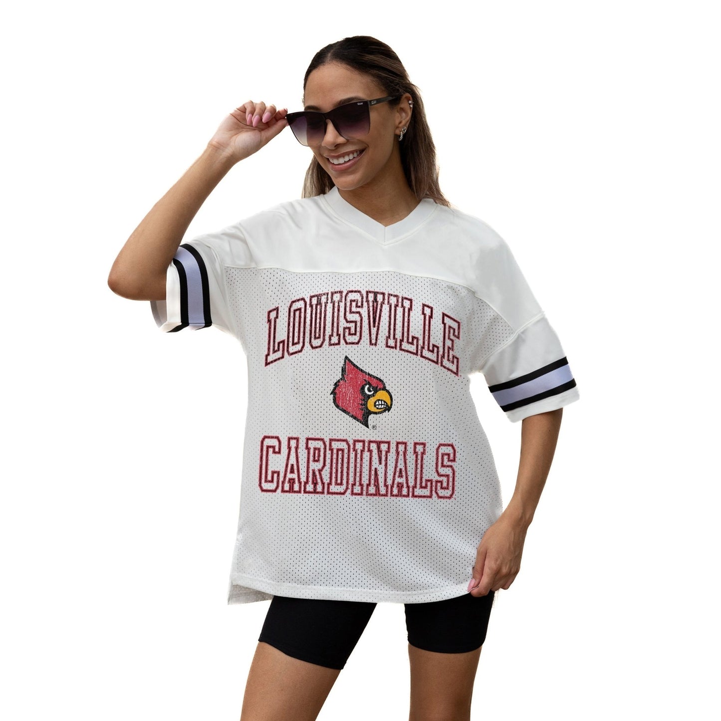 LOUISVILLE CARDINALS A STEP AHEAD ICONIC OVERSIZED MESH SHORT SLEEVE V - NECK FASHION JERSEY TOP WITH SIDE SLITS - The Club