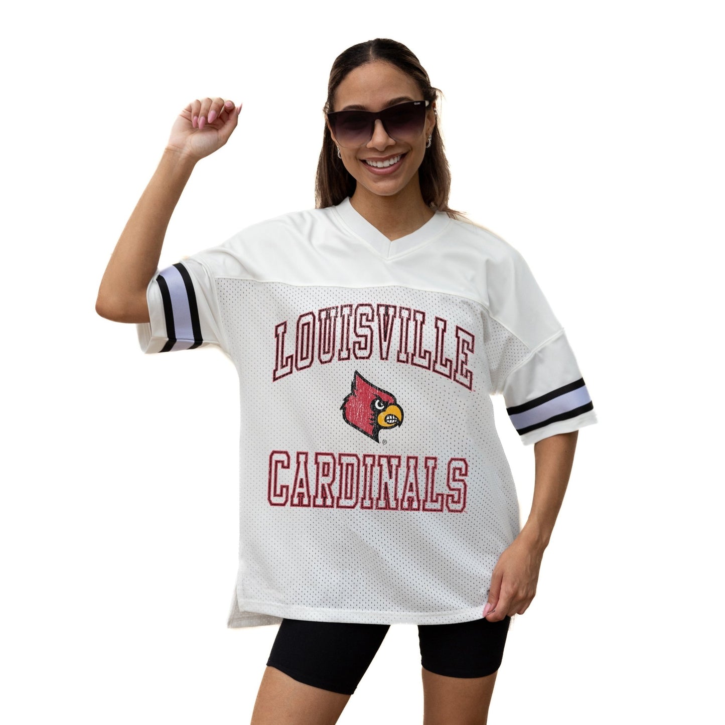 LOUISVILLE CARDINALS A STEP AHEAD ICONIC OVERSIZED MESH SHORT SLEEVE V - NECK FASHION JERSEY TOP WITH SIDE SLITS - The Club