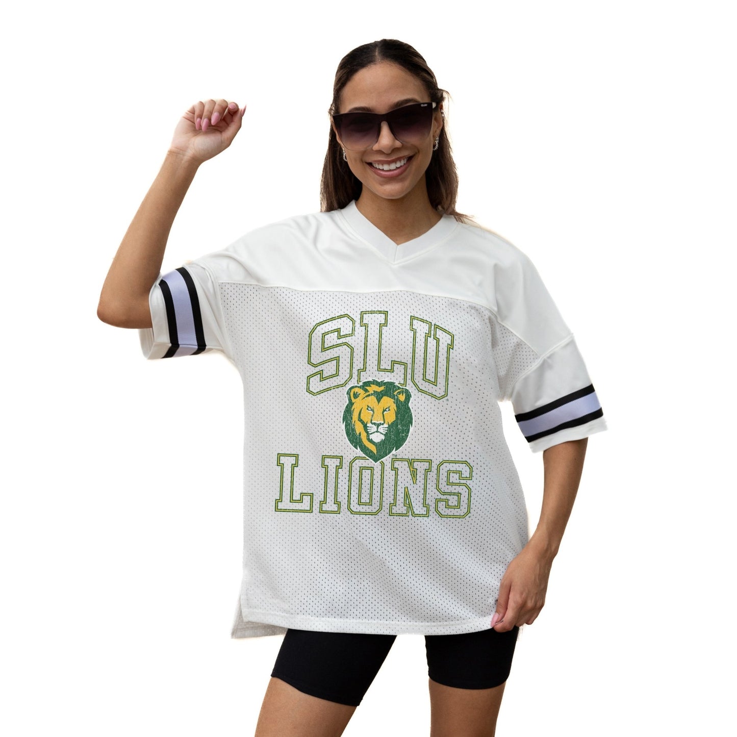 SOUTHEASTERN LOUISIANA LIONS A STEP AHEAD ICONIC OVERSIZED MESH SHORT SLEEVE V - NECK FASHION JERSEY TOP WITH SIDE SLITS - The Club