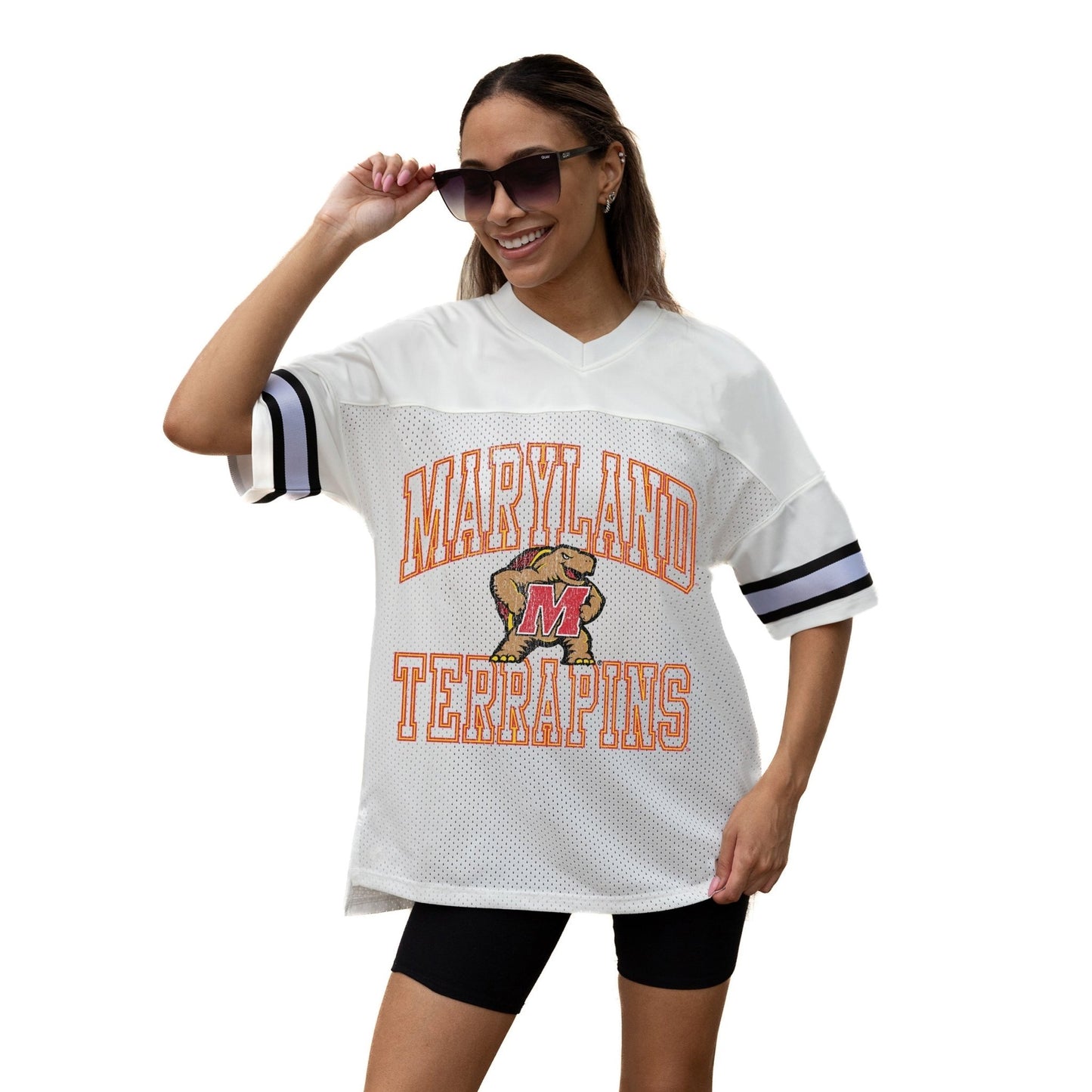 MARYLAND TERRAPINS A STEP AHEAD ICONIC OVERSIZED MESH SHORT SLEEVE V - NECK FASHION JERSEY TOP WITH SIDE SLITS - The Club