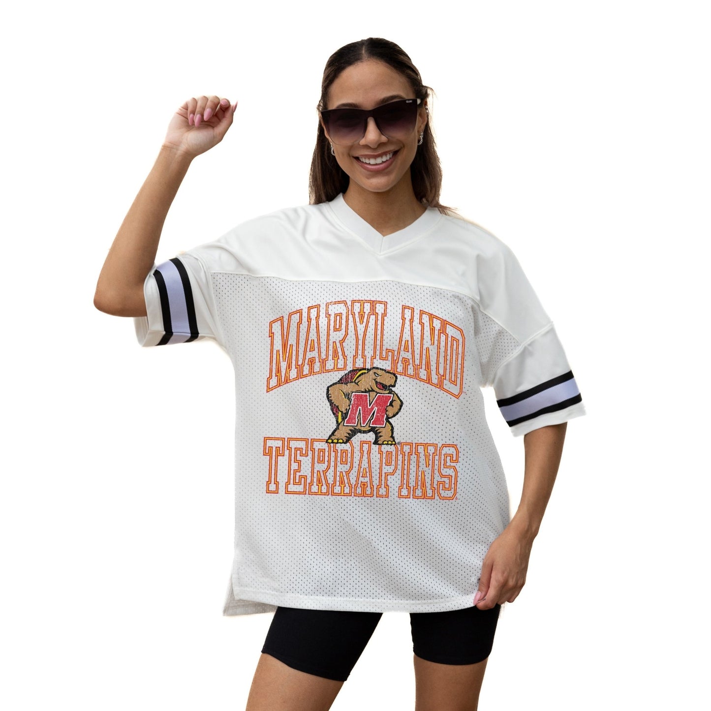 MARYLAND TERRAPINS A STEP AHEAD ICONIC OVERSIZED MESH SHORT SLEEVE V - NECK FASHION JERSEY TOP WITH SIDE SLITS - The Club