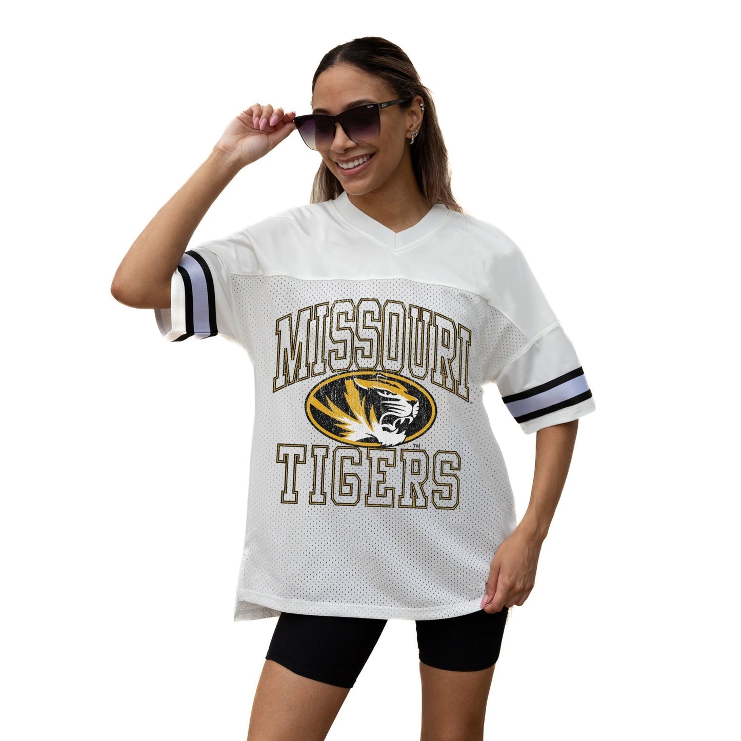 MISSOURI TIGERS A STEP AHEAD ICONIC OVERSIZED MESH SHORT SLEEVE V - NECK FASHION JERSEY TOP WITH SIDE SLITS - The Club