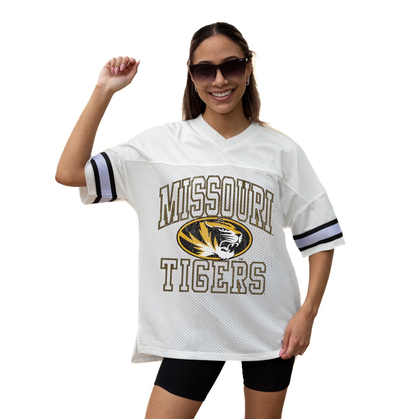 MISSOURI TIGERS A STEP AHEAD ICONIC OVERSIZED MESH SHORT SLEEVE V - NECK FASHION JERSEY TOP WITH SIDE SLITS - The Club