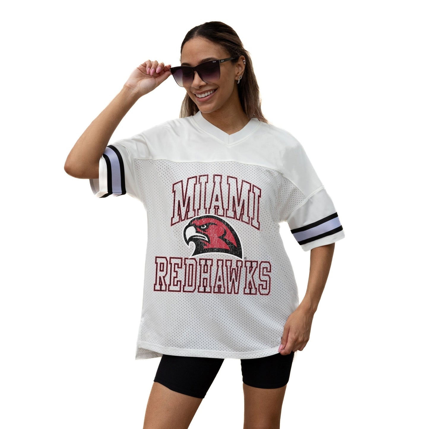 MIAMI OF OHIO REDHAWKS A STEP AHEAD ICONIC OVERSIZED MESH SHORT SLEEVE V - NECK FASHION JERSEY TOP WITH SIDE SLITS - The Club