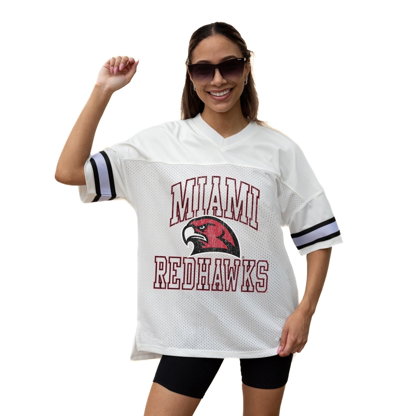 MIAMI OF OHIO REDHAWKS A STEP AHEAD ICONIC OVERSIZED MESH SHORT SLEEVE V - NECK FASHION JERSEY TOP WITH SIDE SLITS - The Club