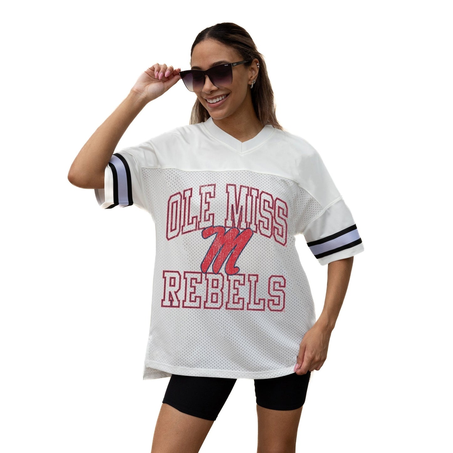 OLE MISS REBELS A STEP AHEAD ICONIC OVERSIZED MESH SHORT SLEEVE V - NECK FASHION JERSEY TOP WITH SIDE SLITS - The Club