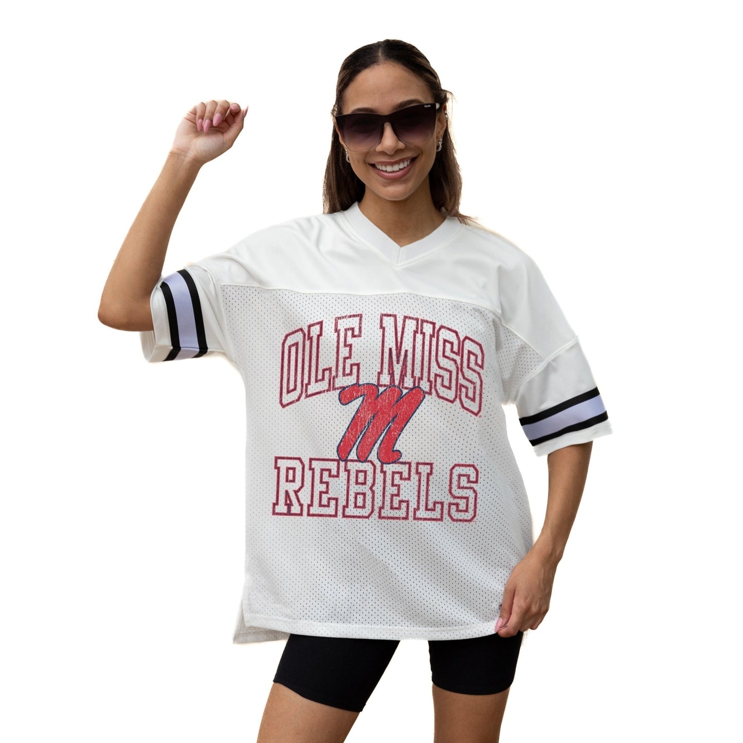 OLE MISS REBELS A STEP AHEAD ICONIC OVERSIZED MESH SHORT SLEEVE V - NECK FASHION JERSEY TOP WITH SIDE SLITS - The Club