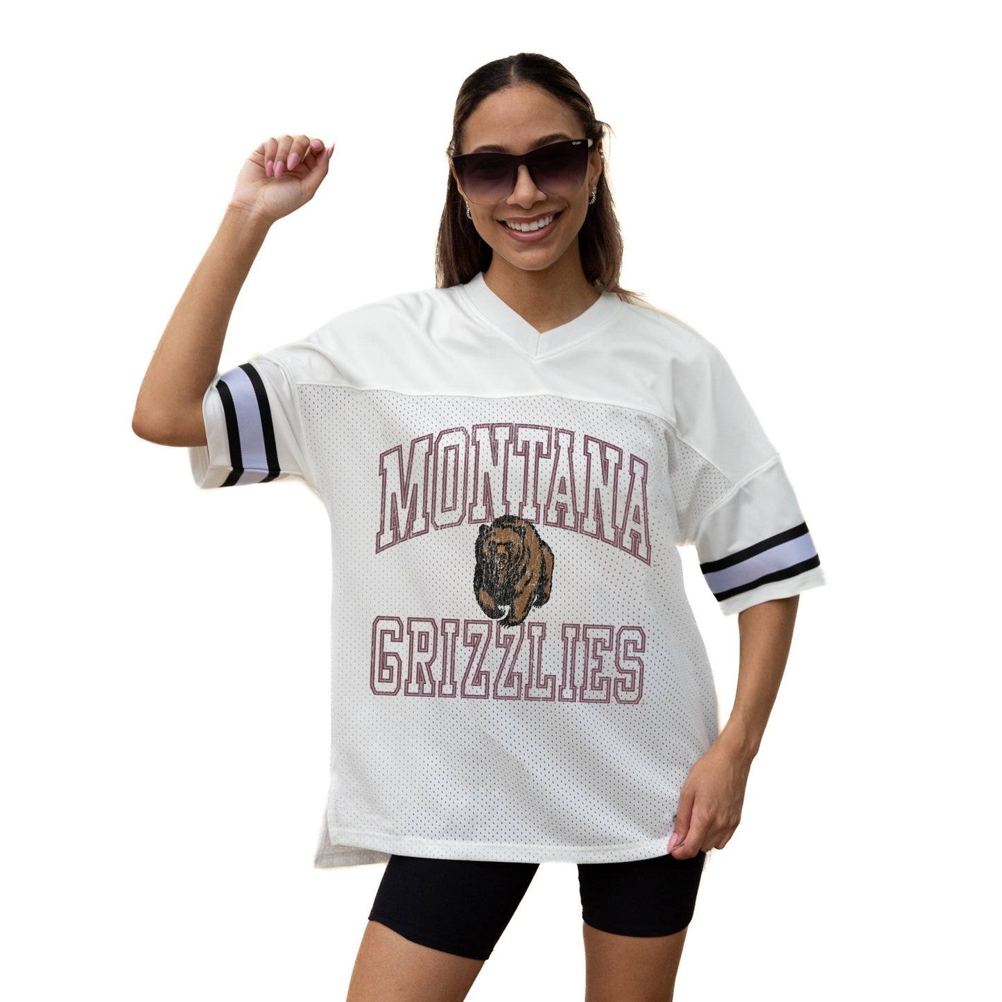 MONTANA GRIZZLIES A STEP AHEAD ICONIC OVERSIZED MESH SHORT SLEEVE V - NECK FASHION JERSEY TOP WITH SIDE SLITS - The Club