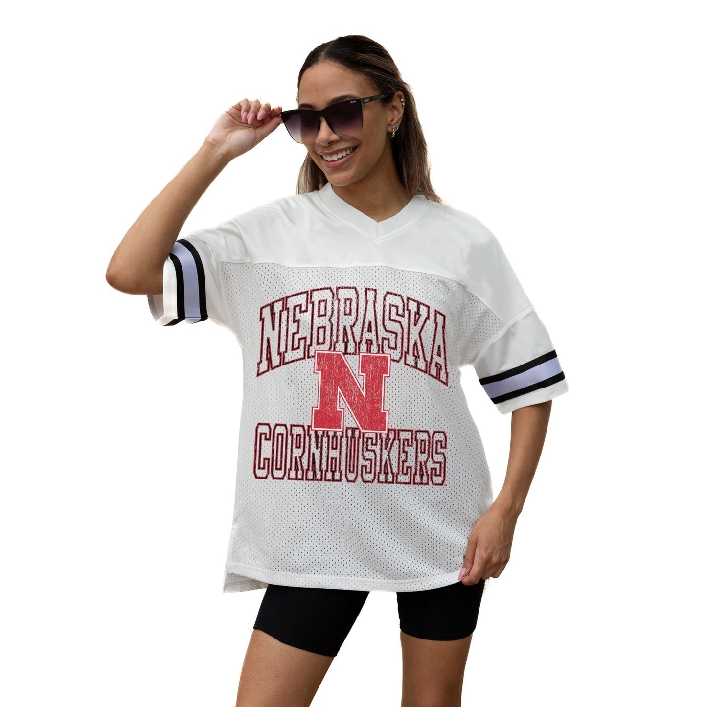 NEBRASKA CORNHUSKERS A STEP AHEAD ICONIC OVERSIZED MESH SHORT SLEEVE V - NECK FASHION JERSEY TOP WITH SIDE SLITS - The Club