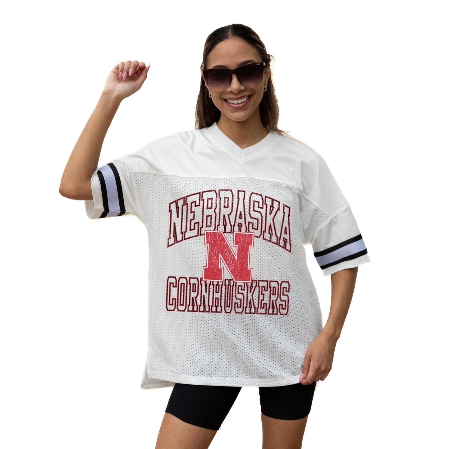 NEBRASKA CORNHUSKERS A STEP AHEAD ICONIC OVERSIZED MESH SHORT SLEEVE V - NECK FASHION JERSEY TOP WITH SIDE SLITS - The Club