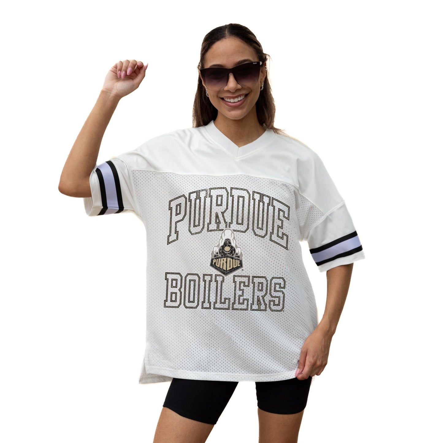 PURDUE BOILERMAKERS A STEP AHEAD ICONIC OVERSIZED MESH SHORT SLEEVE V - NECK FASHION JERSEY TOP WITH SIDE SLITS - The Club