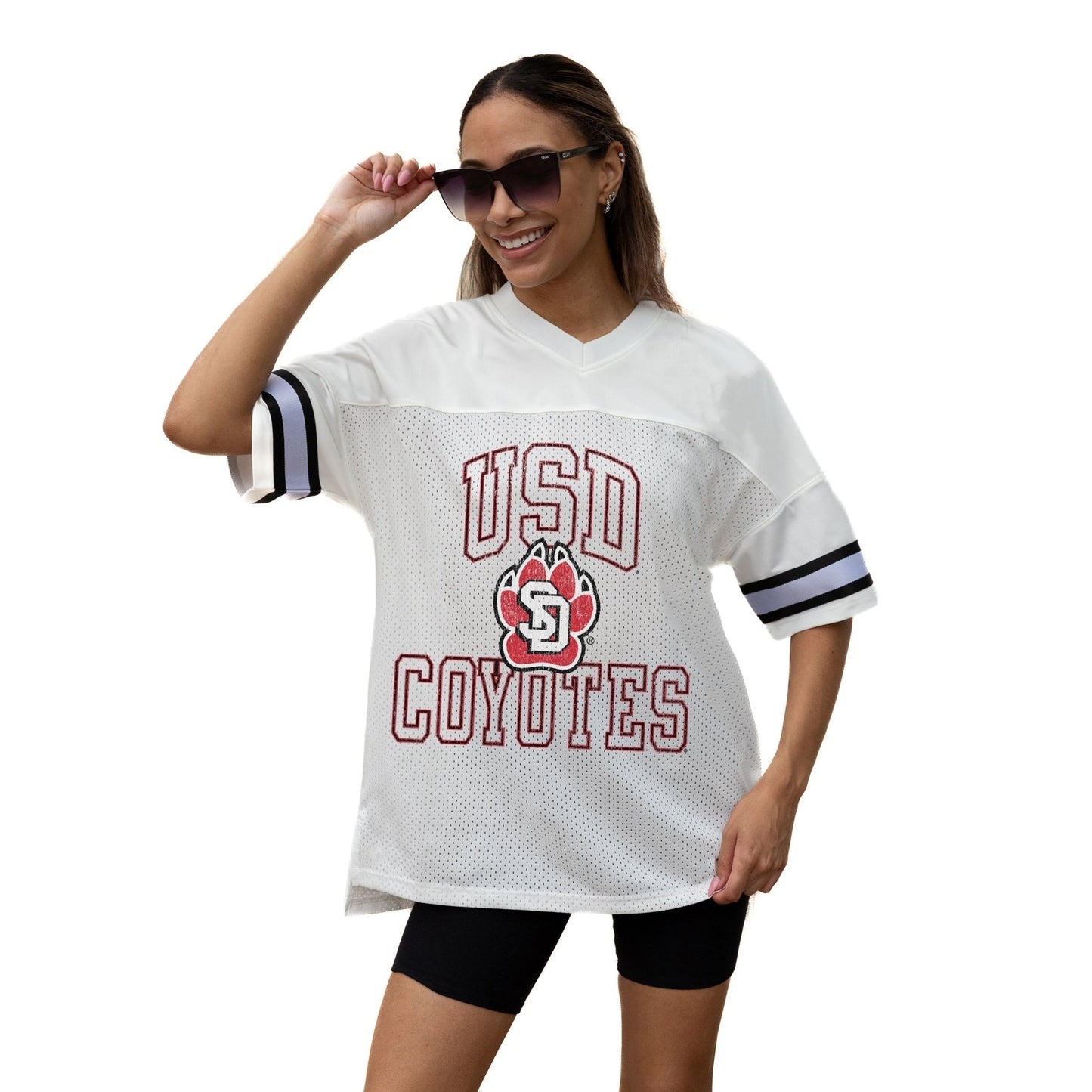 SOUTH DAKOTA COYOTES A STEP AHEAD ICONIC OVERSIZED MESH SHORT SLEEVE V - NECK FASHION JERSEY TOP WITH SIDE SLITS - The Club