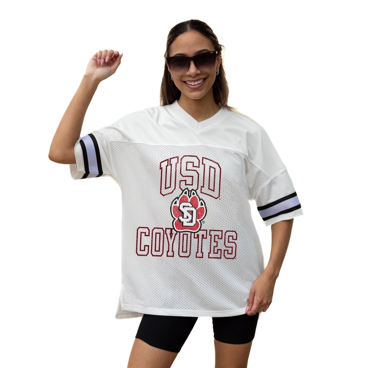 SOUTH DAKOTA COYOTES A STEP AHEAD ICONIC OVERSIZED MESH SHORT SLEEVE V - NECK FASHION JERSEY TOP WITH SIDE SLITS - The Club