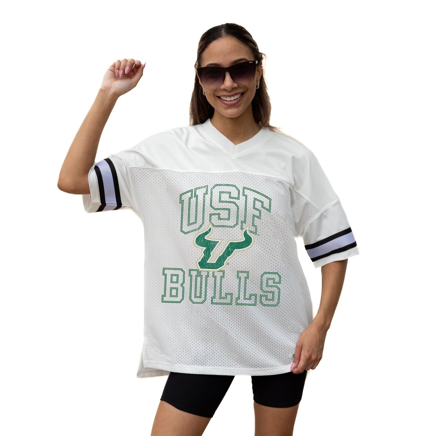 SOUTH FLORIDA BULLS A STEP AHEAD ICONIC OVERSIZED MESH SHORT SLEEVE V - NECK FASHION JERSEY TOP WITH SIDE SLITS - The Club