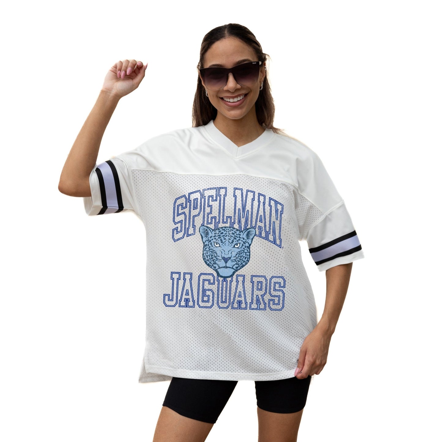 SPELMAN COLLEGE JAGUARS A STEP AHEAD ICONIC OVERSIZED MESH SHORT SLEEVE V - NECK FASHION JERSEY TOP WITH SIDE SLITS - The Club