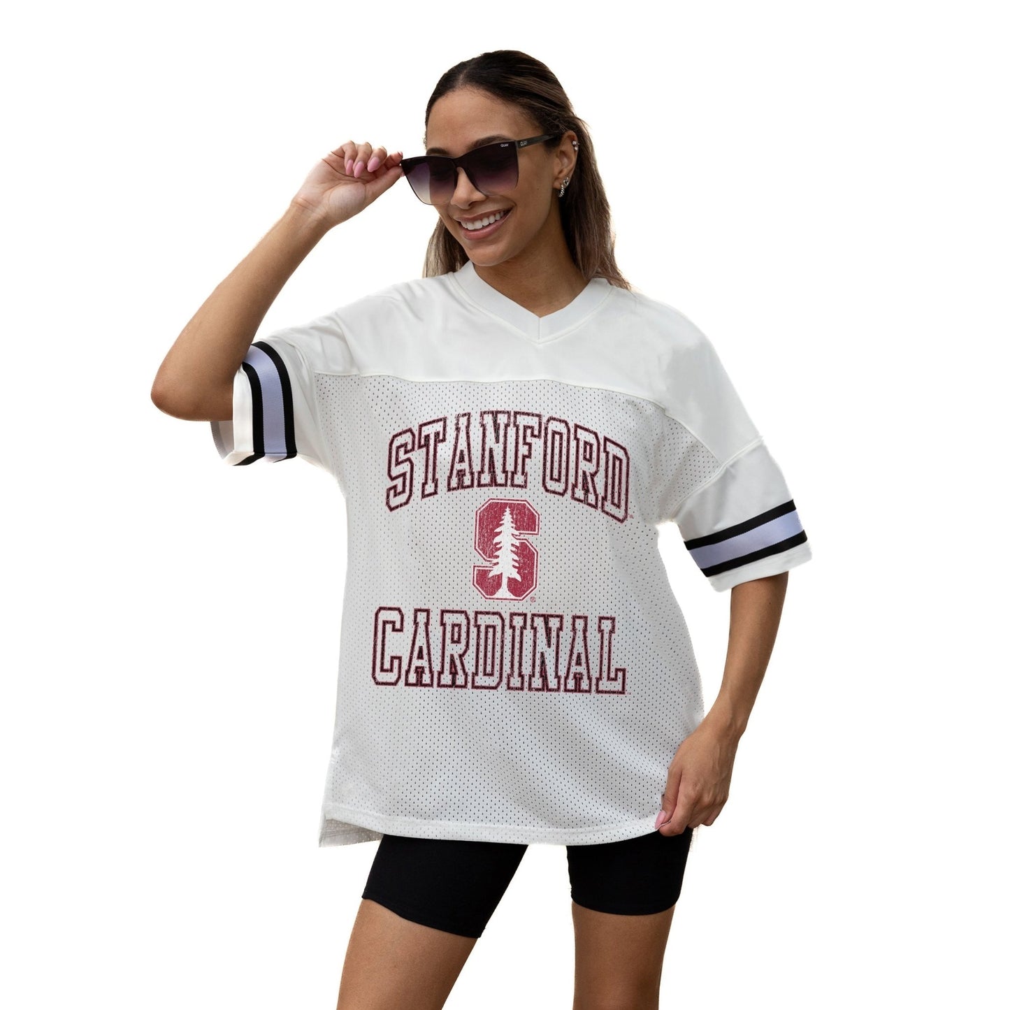 STANFORD CARDINAL A STEP AHEAD ICONIC OVERSIZED MESH SHORT SLEEVE V - NECK FASHION JERSEY TOP WITH SIDE SLITS - The Club