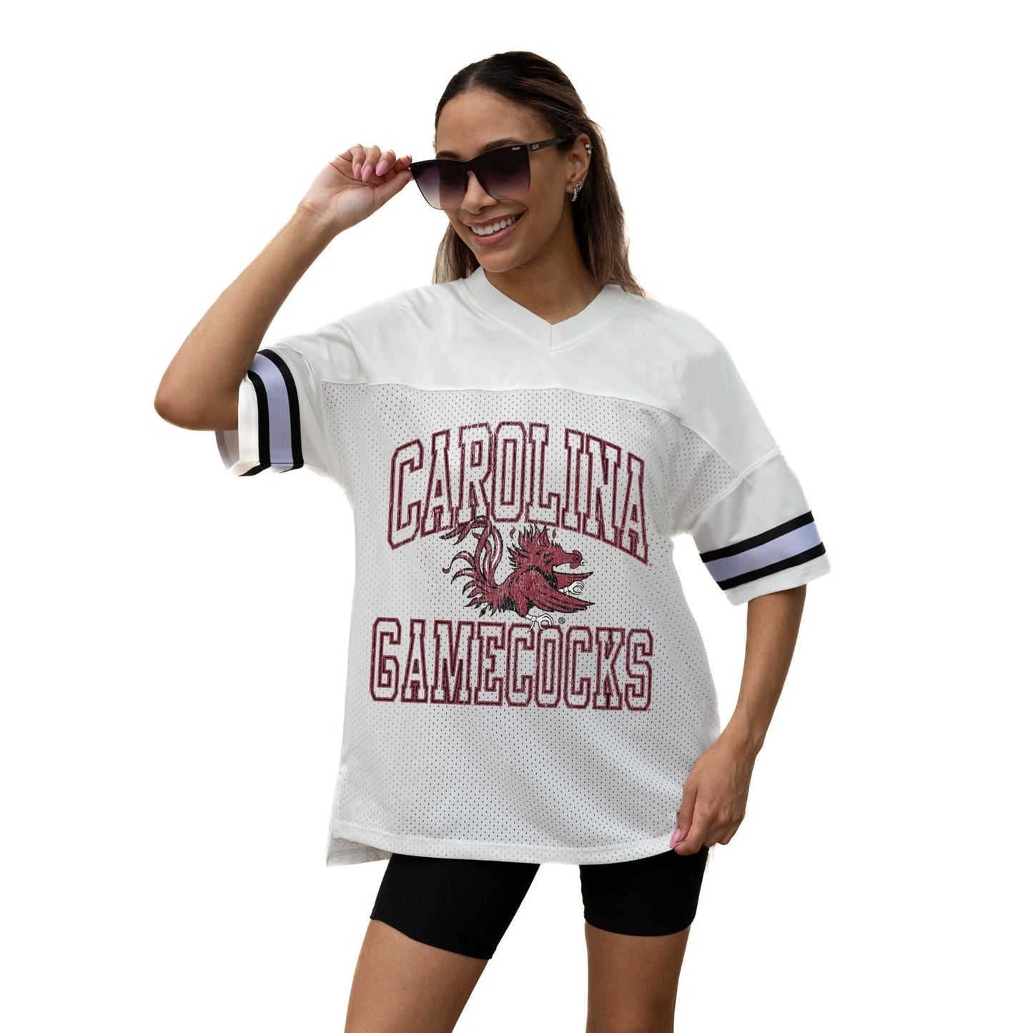 SOUTH CAROLINA GAMECOCKS A STEP AHEAD ICONIC OVERSIZED MESH SHORT SLEEVE V - NECK FASHION JERSEY TOP WITH SIDE SLITS - The Club