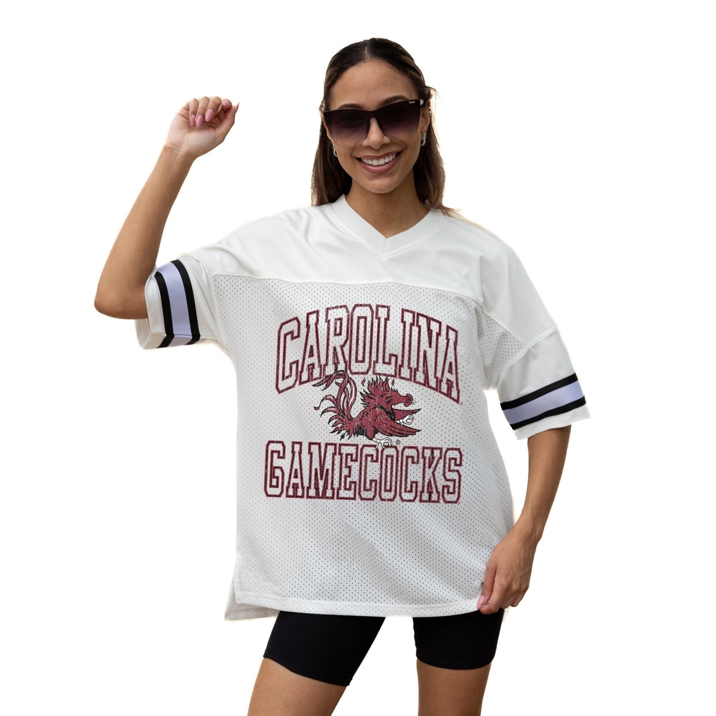 SOUTH CAROLINA GAMECOCKS A STEP AHEAD ICONIC OVERSIZED MESH SHORT SLEEVE V - NECK FASHION JERSEY TOP WITH SIDE SLITS - The Club