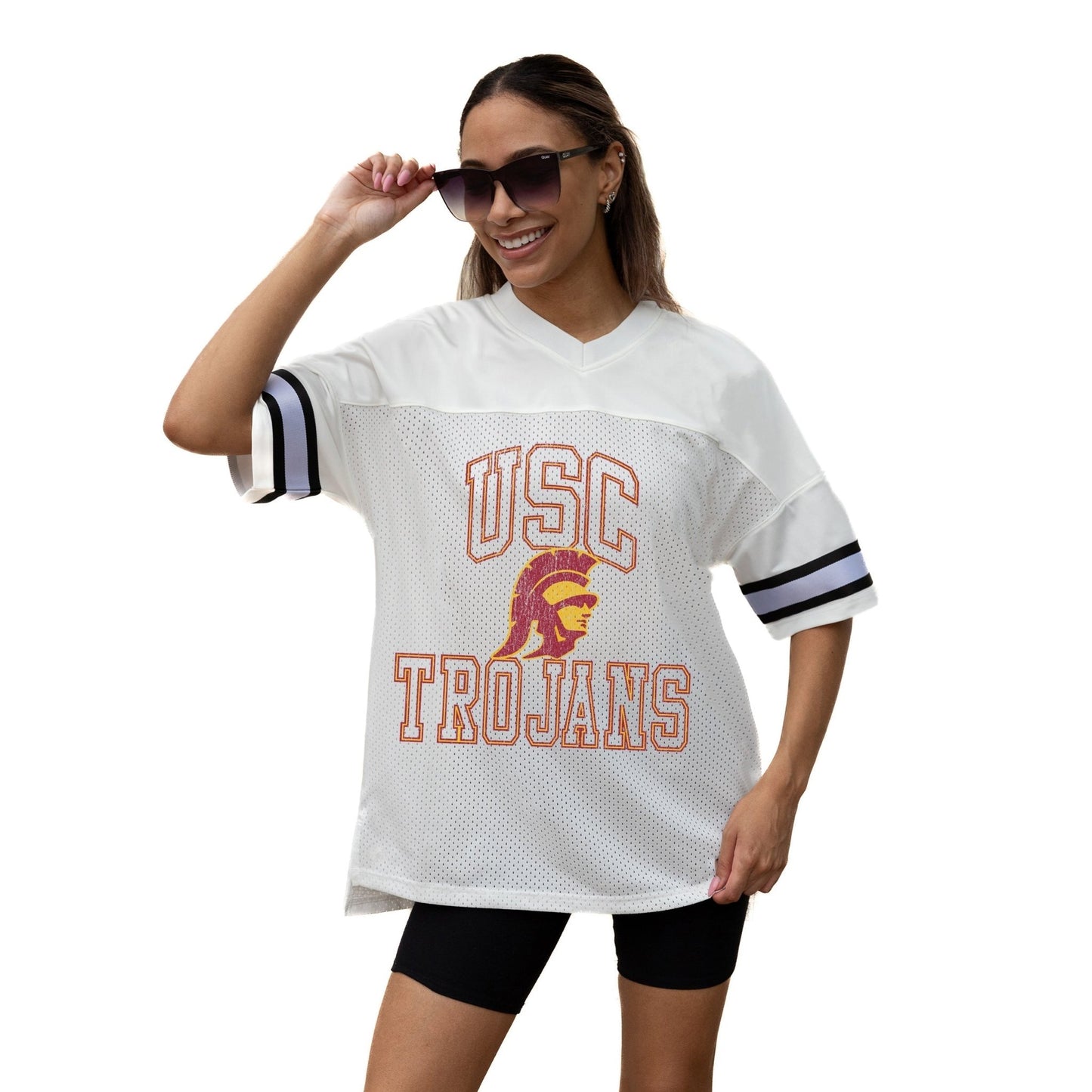 USC TROJANS A STEP AHEAD ICONIC OVERSIZED MESH SHORT SLEEVE V - NECK FASHION JERSEY TOP WITH SIDE SLITS - The Club