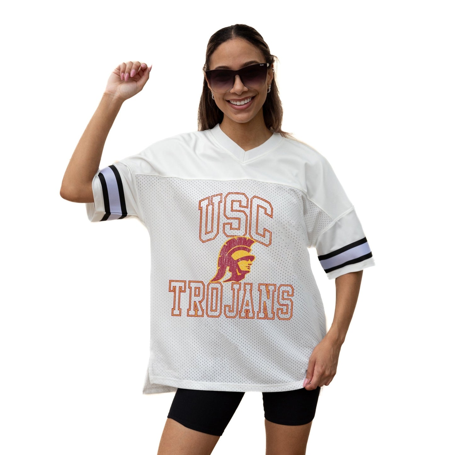 USC TROJANS A STEP AHEAD ICONIC OVERSIZED MESH SHORT SLEEVE V - NECK FASHION JERSEY TOP WITH SIDE SLITS - The Club