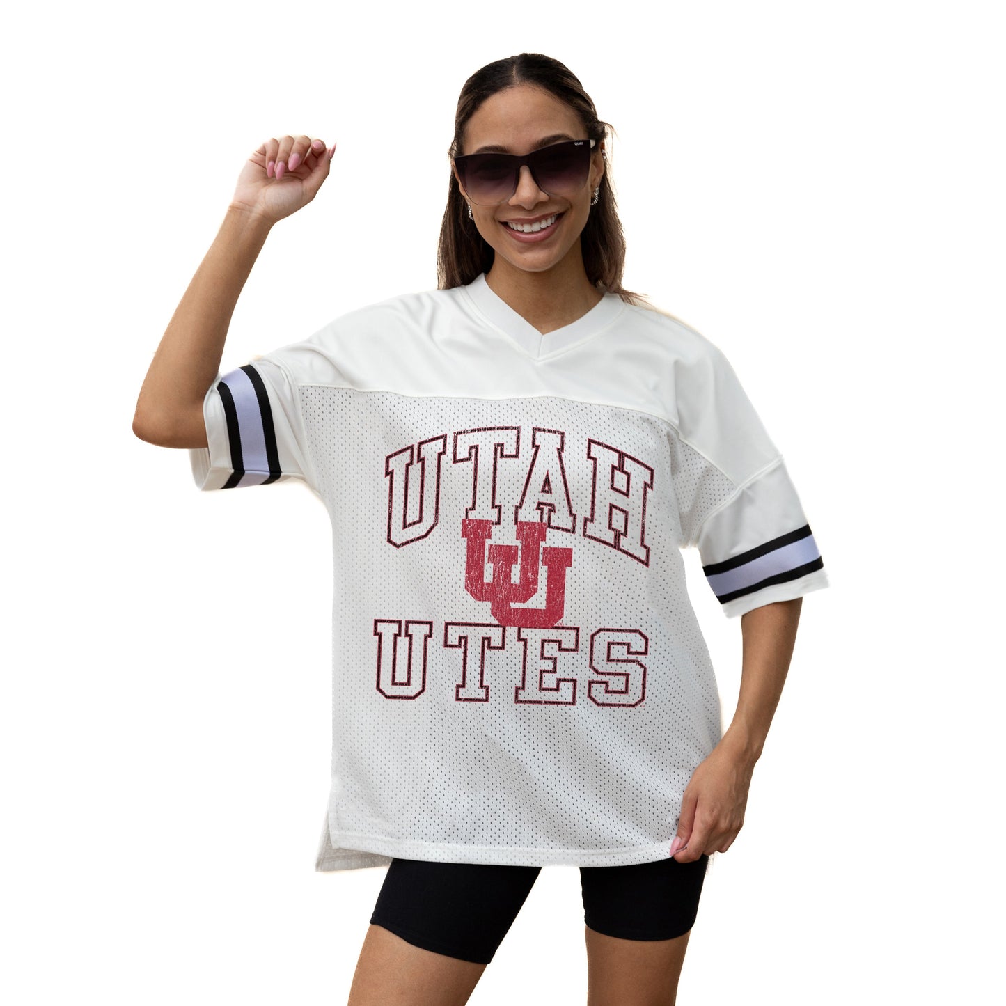 UTAH UTES A STEP AHEAD ICONIC OVERSIZED MESH SHORT SLEEVE V-NECK FASHION JERSEY TOP WITH SIDE SLITS