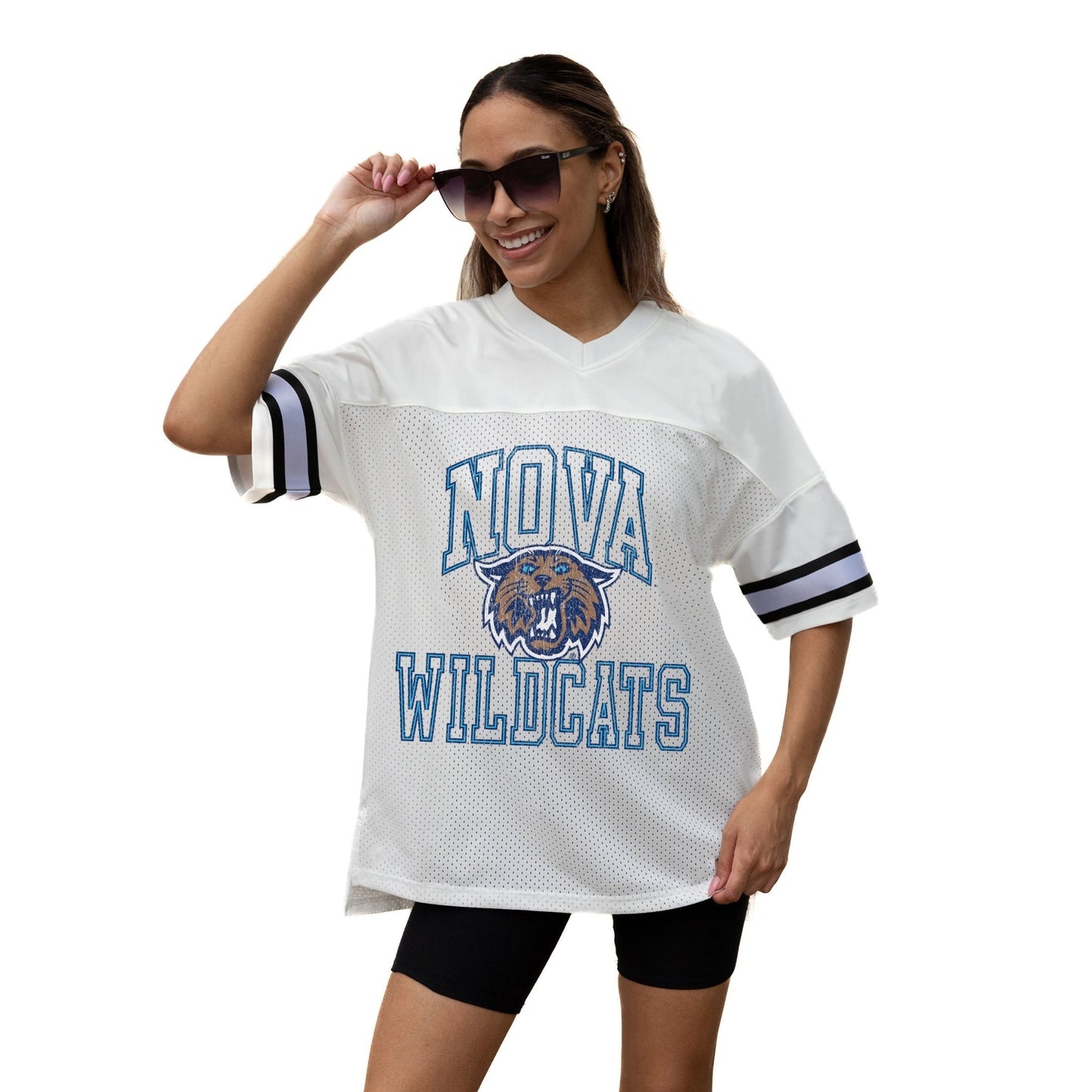 VILLANOVA WILDCATS A STEP AHEAD ICONIC OVERSIZED MESH SHORT SLEEVE V - NECK FASHION JERSEY TOP WITH SIDE SLITS - The Club