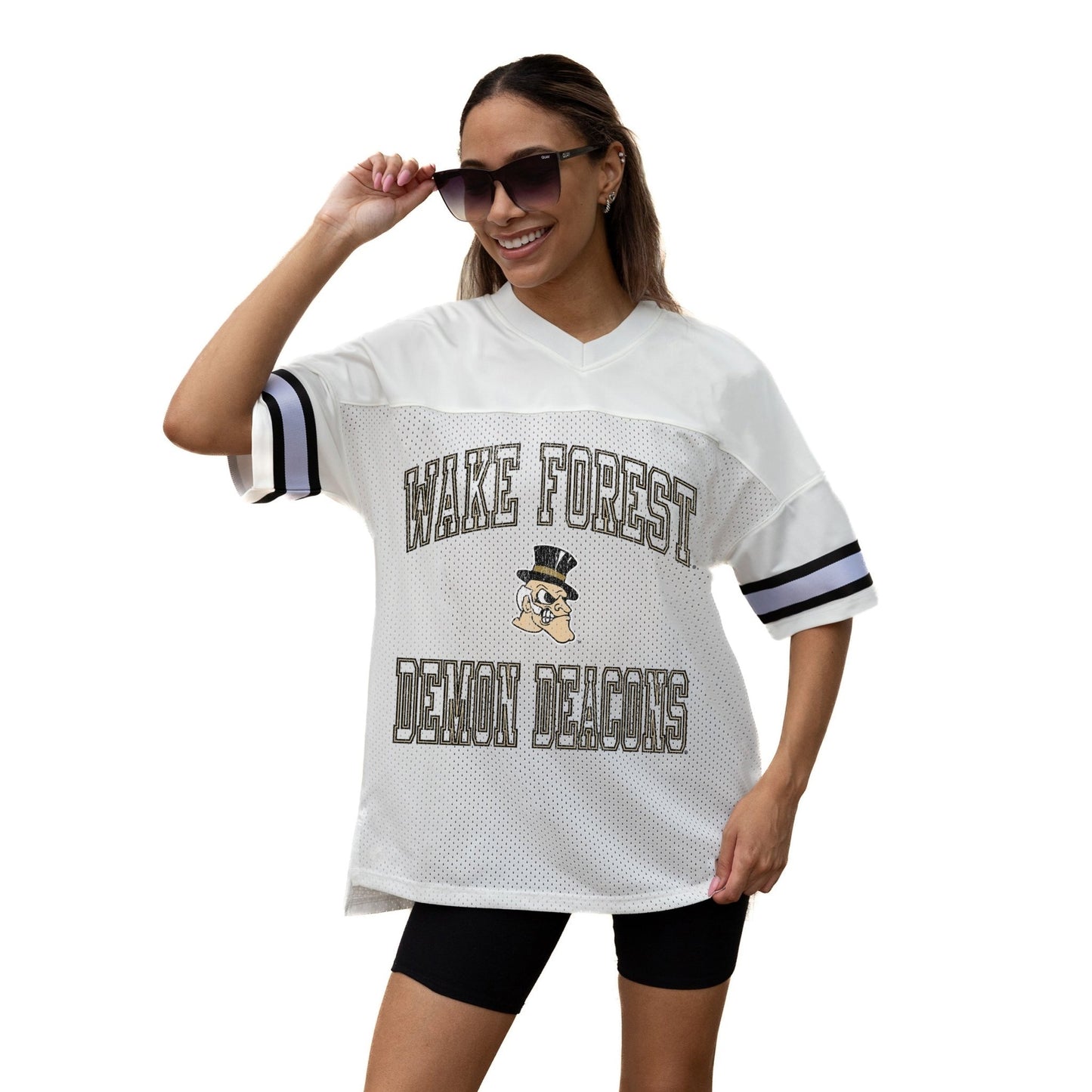 WAKE FOREST DEMON DEACONS A STEP AHEAD ICONIC OVERSIZED MESH SHORT SLEEVE V - NECK FASHION JERSEY TOP WITH SIDE SLITS - The Club