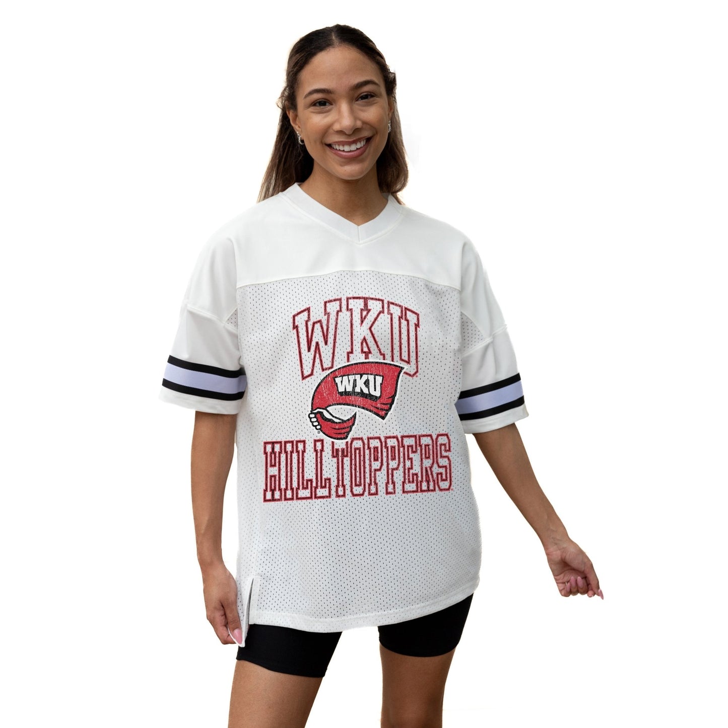 WESTERN KENTUCKY HILLTOPPERS A STEP AHEAD ICONIC OVERSIZED MESH SHORT SLEEVE V - NECK FASHION JERSEY TOP WITH SIDE SLITS - The Club
