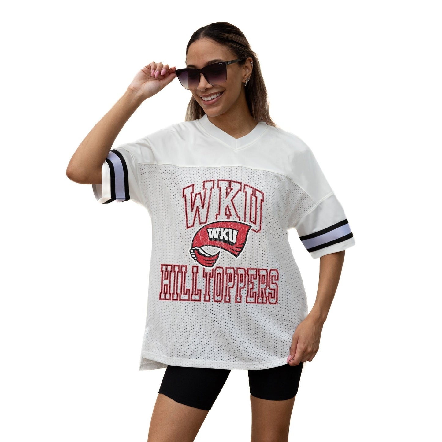 WESTERN KENTUCKY HILLTOPPERS A STEP AHEAD ICONIC OVERSIZED MESH SHORT SLEEVE V - NECK FASHION JERSEY TOP WITH SIDE SLITS - The Club