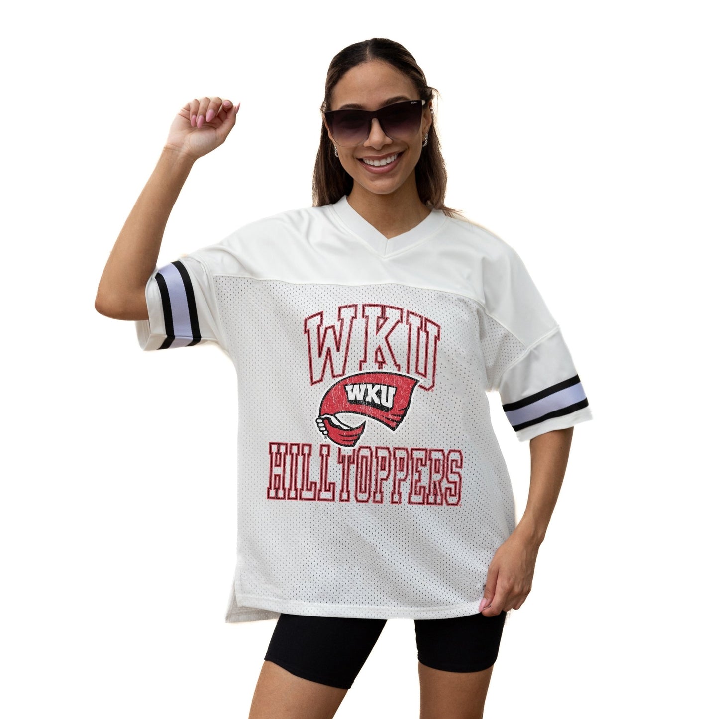 WESTERN KENTUCKY HILLTOPPERS A STEP AHEAD ICONIC OVERSIZED MESH SHORT SLEEVE V - NECK FASHION JERSEY TOP WITH SIDE SLITS - The Club