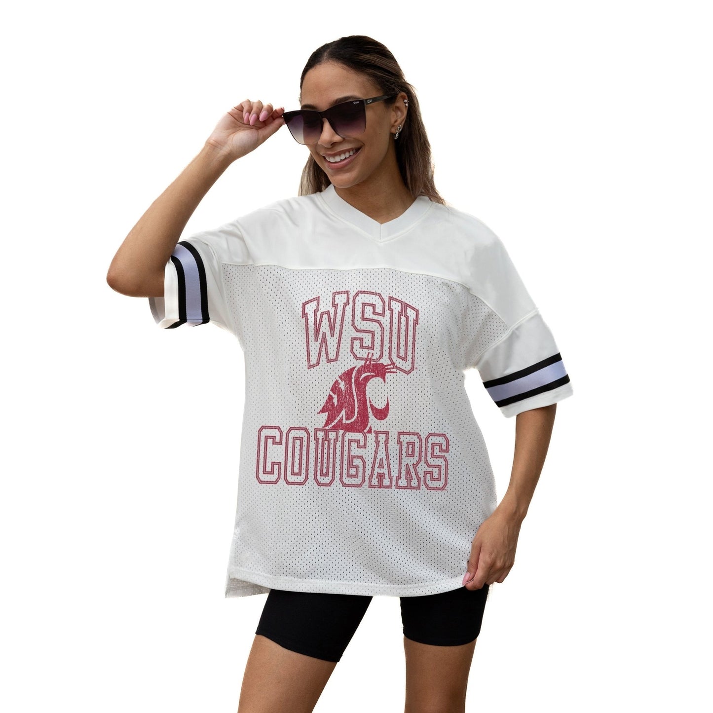 WASHINGTON STATE COUGARS A STEP AHEAD ICONIC OVERSIZED MESH SHORT SLEEVE V - NECK FASHION JERSEY TOP WITH SIDE SLITS - The Club