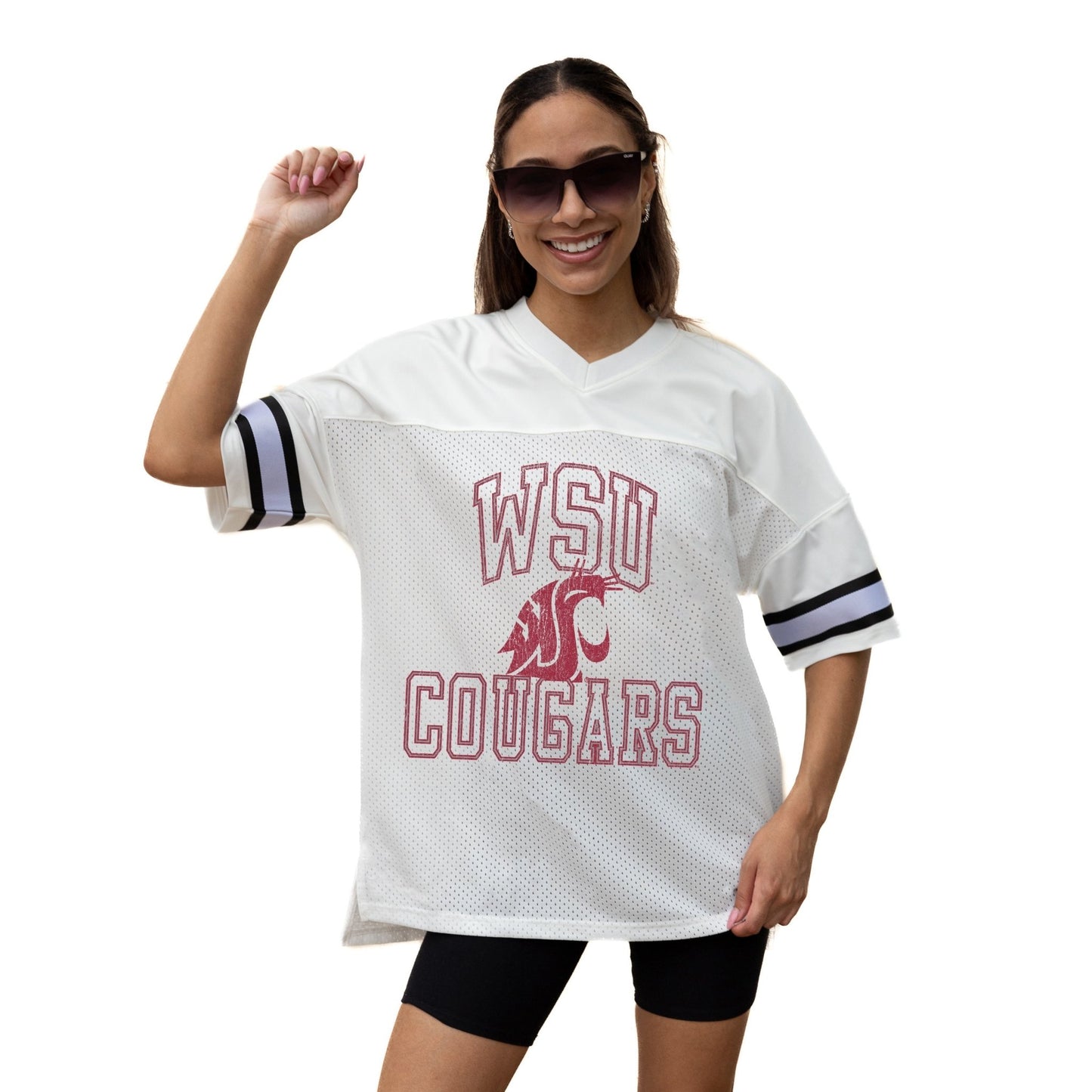 WASHINGTON STATE COUGARS A STEP AHEAD ICONIC OVERSIZED MESH SHORT SLEEVE V - NECK FASHION JERSEY TOP WITH SIDE SLITS - The Club