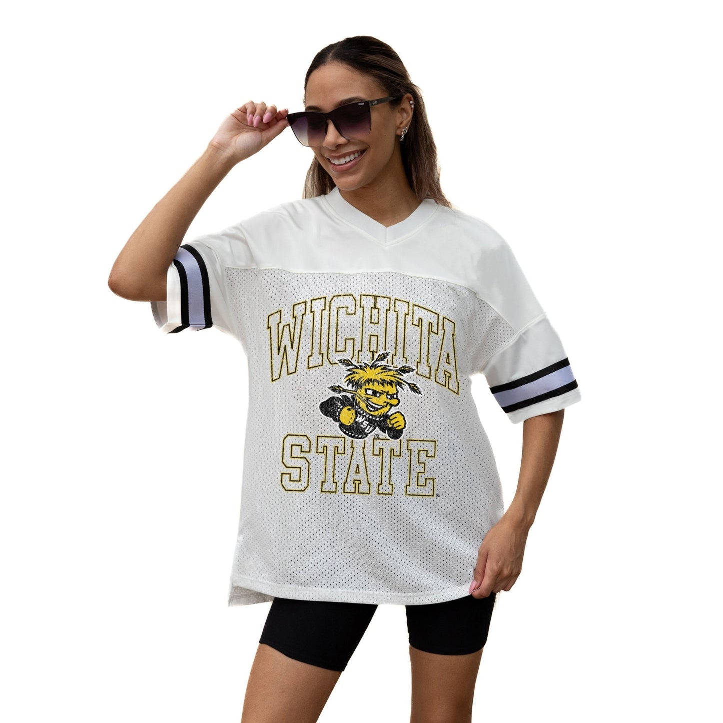 WICHITA STATE SHOCKERS A STEP AHEAD ICONIC OVERSIZED MESH SHORT SLEEVE V - NECK FASHION JERSEY TOP WITH SIDE SLITS - The Club