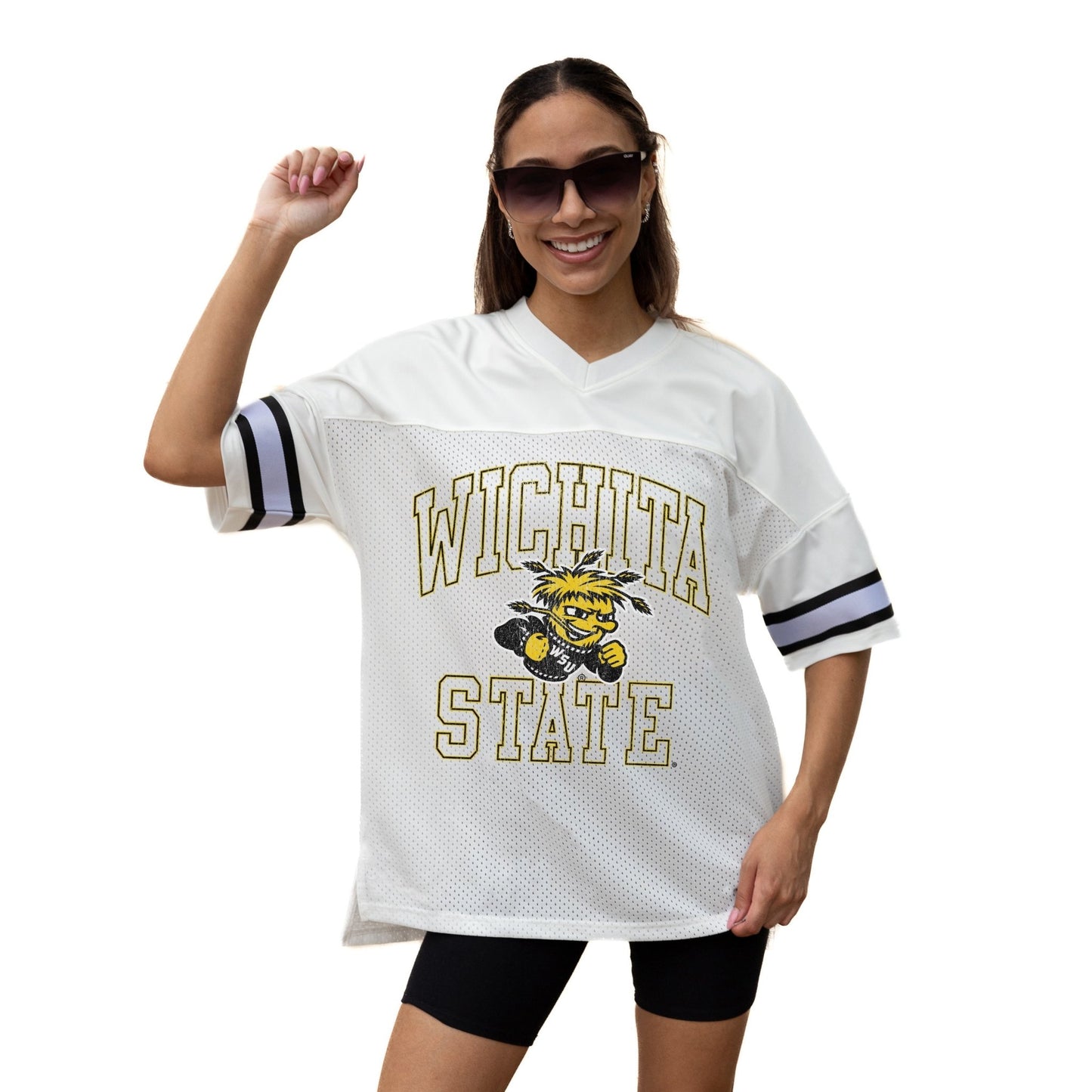WICHITA STATE SHOCKERS A STEP AHEAD ICONIC OVERSIZED MESH SHORT SLEEVE V - NECK FASHION JERSEY TOP WITH SIDE SLITS - The Club