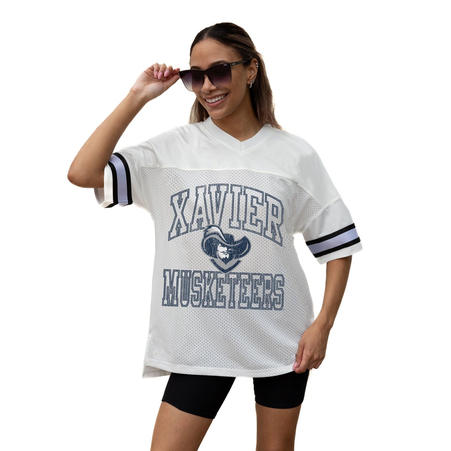 XAVIER MUSKETEERS A STEP AHEAD ICONIC OVERSIZED MESH SHORT SLEEVE V - NECK FASHION JERSEY TOP WITH SIDE SLITS - The Club