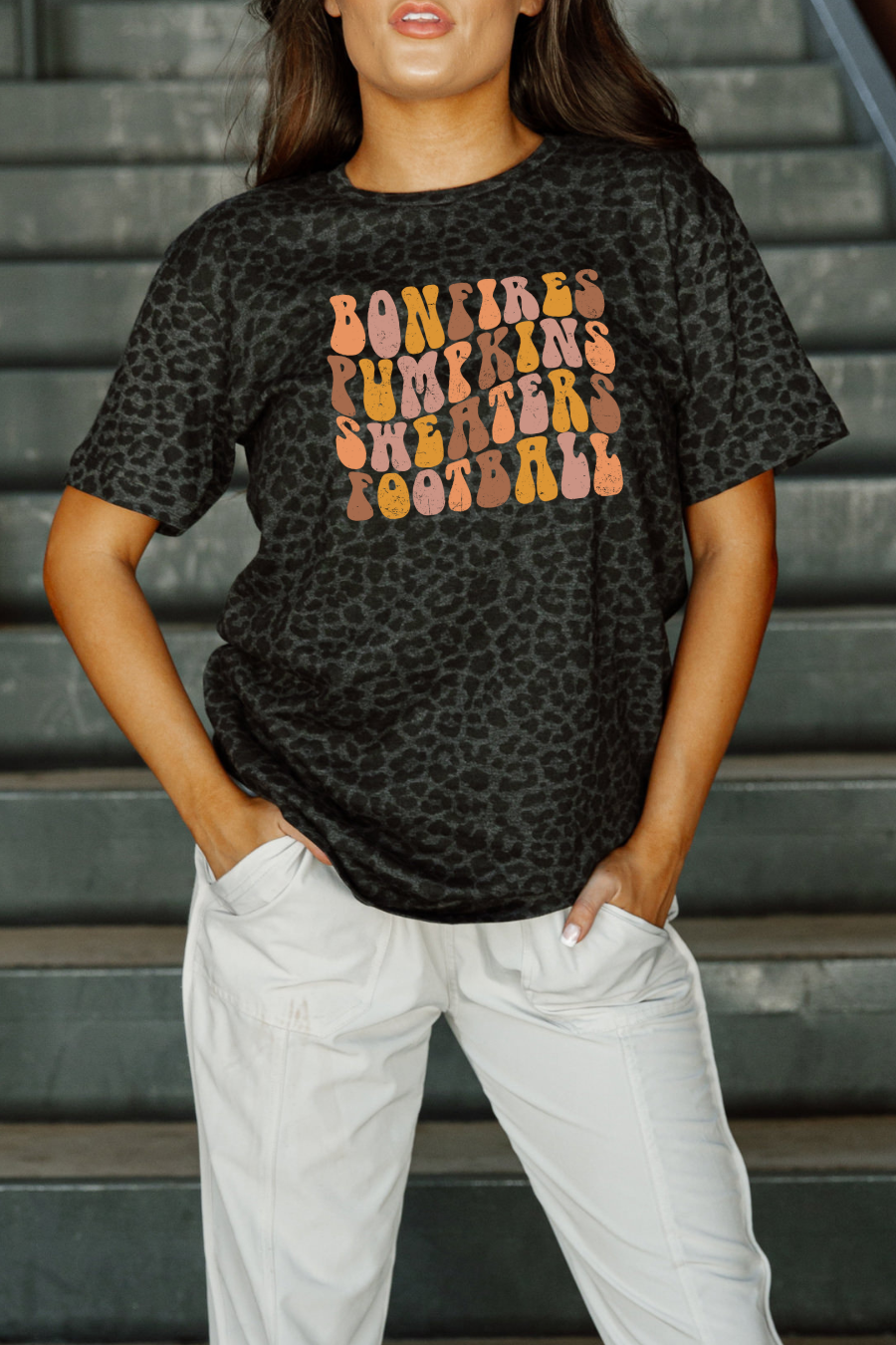 Fall Thanksgiving Bonfires Pumpkins Sweaters Football Womens Leopard Graphic Short Sleeve Crewneck Tee