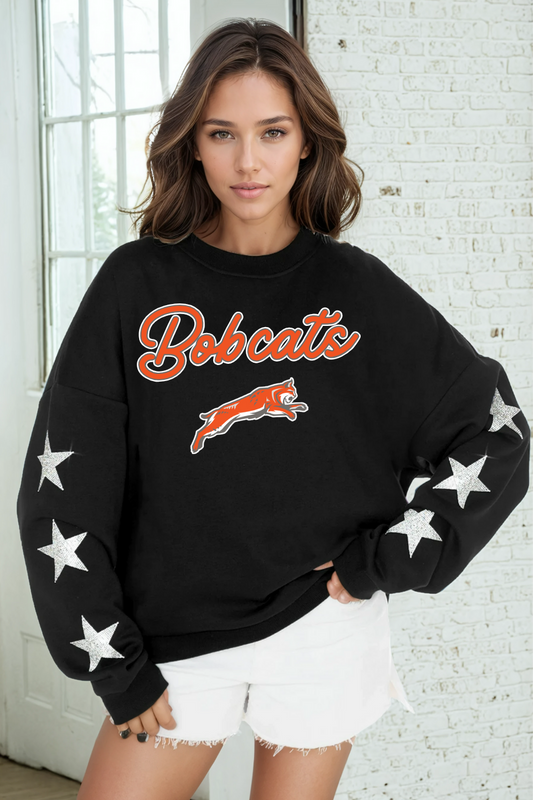 CELINA BOBCATS EMBELLISHED STAR SLEEVE CREWNECK SWEATSHIRT