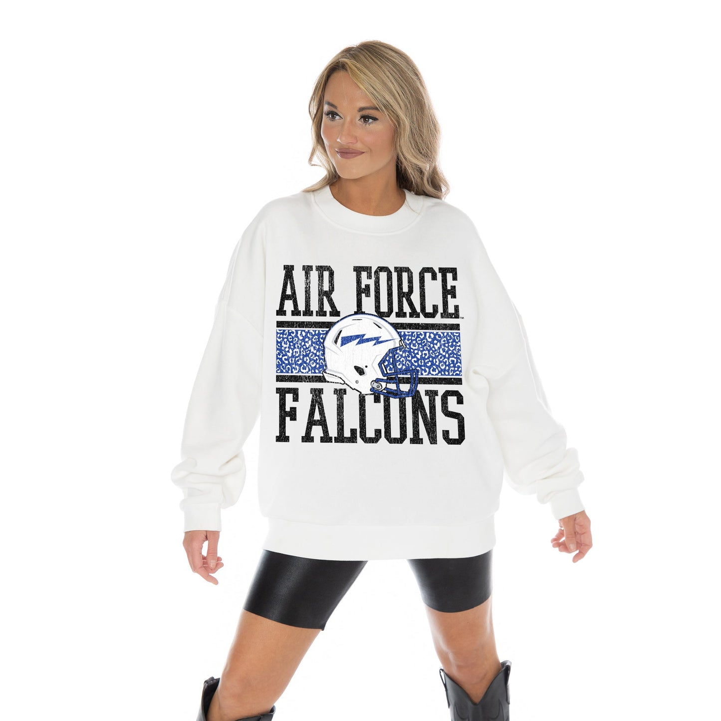 AIR FORCE FALCONS FAIR CATCH LONG SLEEVE UNISEX FIT PREMIUM FLEECE CREWNECK SWEATSHIRT WITH RIBBED KNIT NECKLINE, WRIST, AND WAISTBAND