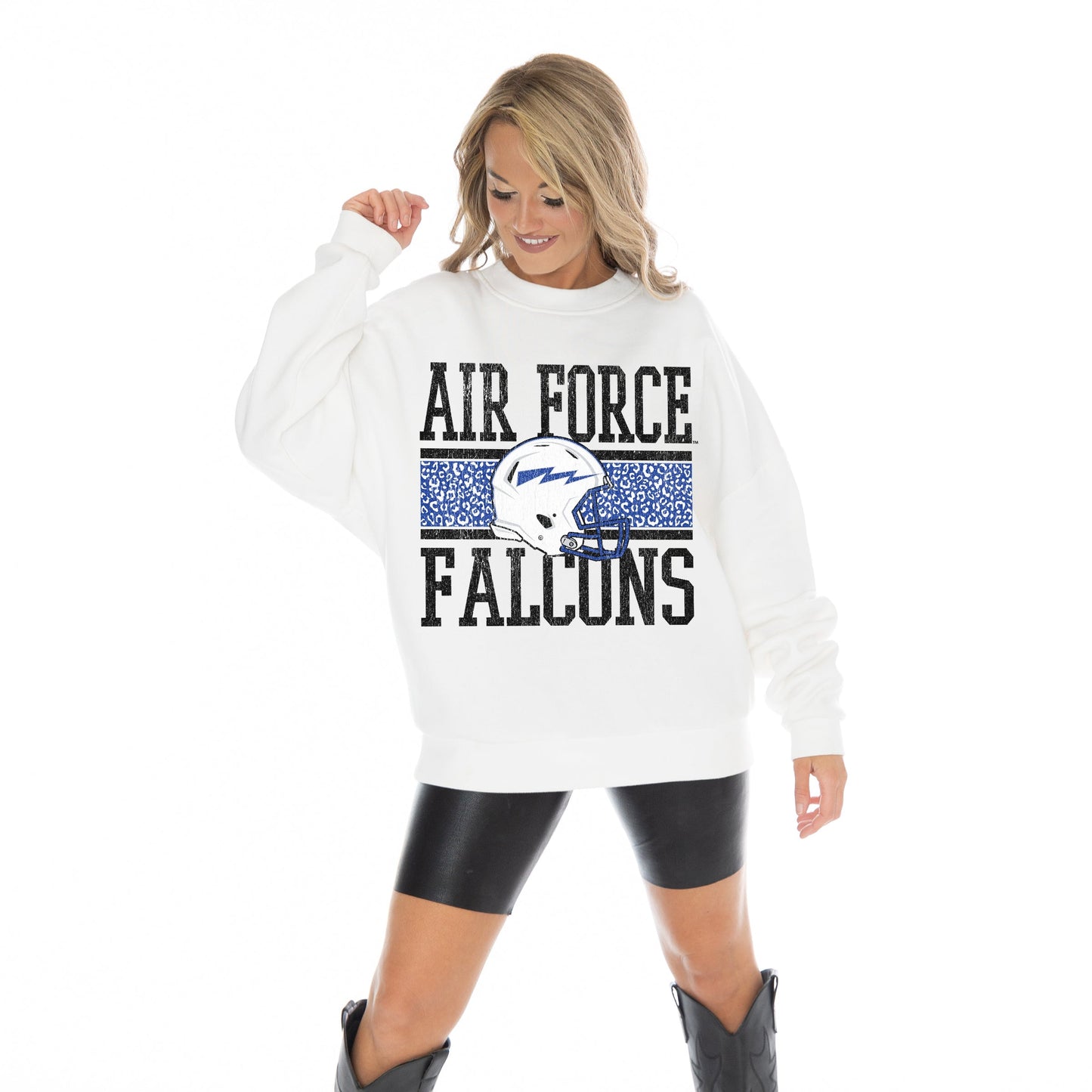 AIR FORCE FALCONS FAIR CATCH LONG SLEEVE UNISEX FIT PREMIUM FLEECE CREWNECK SWEATSHIRT WITH RIBBED KNIT NECKLINE, WRIST, AND WAISTBAND